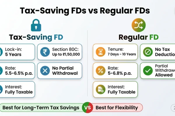 Tax saving fixed deposits vs regular FDs India 2026